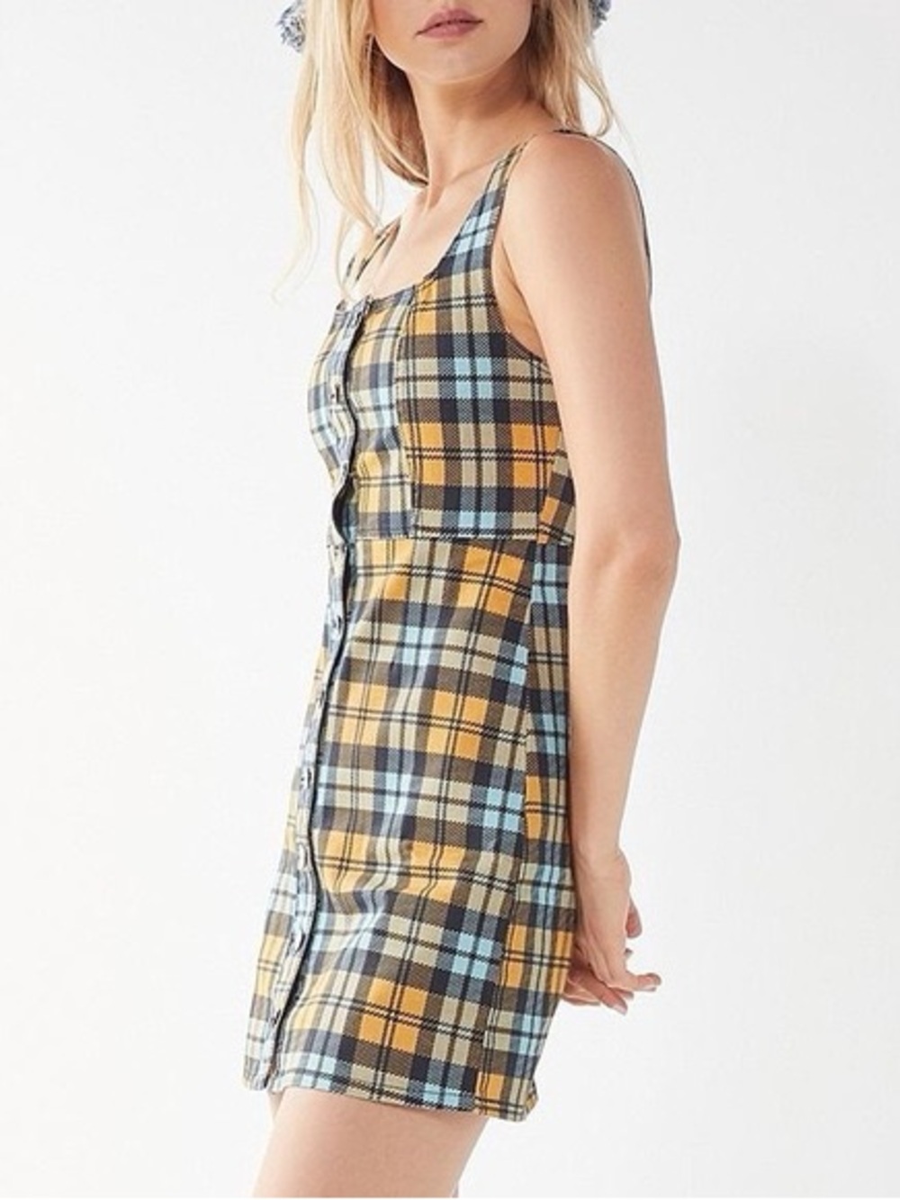 Urban Outfitters Mustard & Light Blue Plaid Button-Front Chemise
